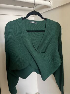 BTFBM Deep Green Wrap V-Neck Sweater
